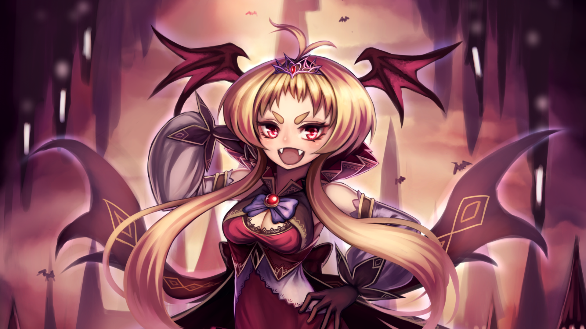 Anime-style original demon character with twintails, sharp fangs, and bat-like wings, set against a dark, atmospheric background for an HD PC desktop wallpaper.
