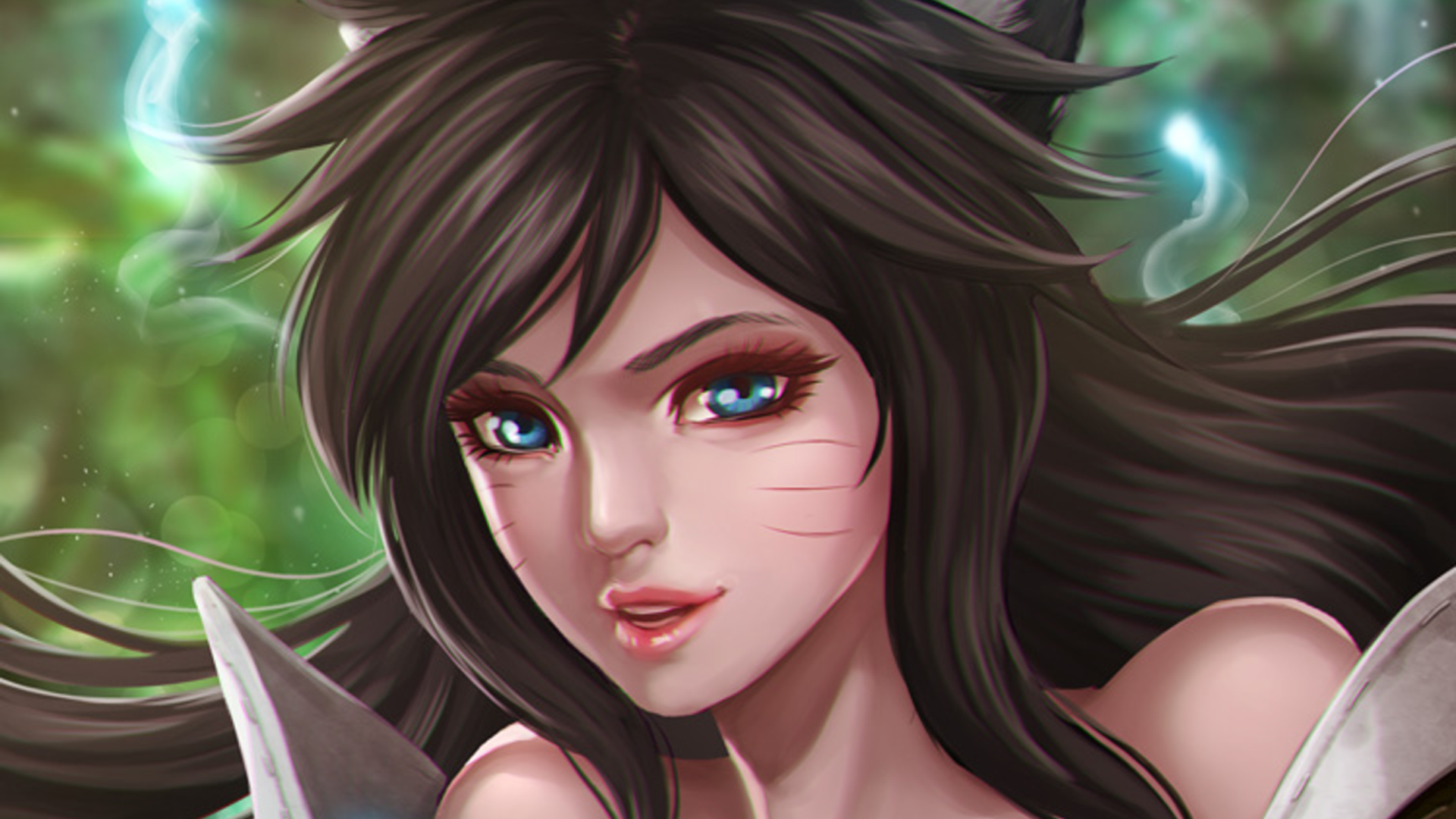 HD PC desktop wallpaper featuring Ahri, a character from the video game League of Legends, with detailed facial features and glowing effects.