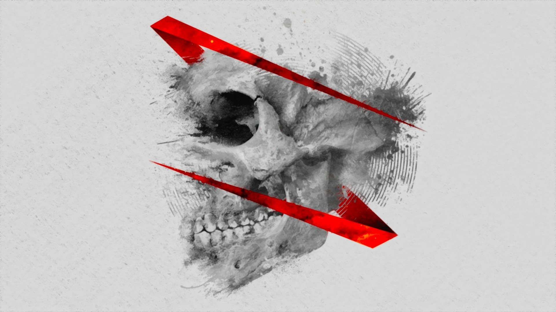 HD dark-themed PC desktop wallpaper featuring a detailed skull with striking red geometric lines cutting across the image.