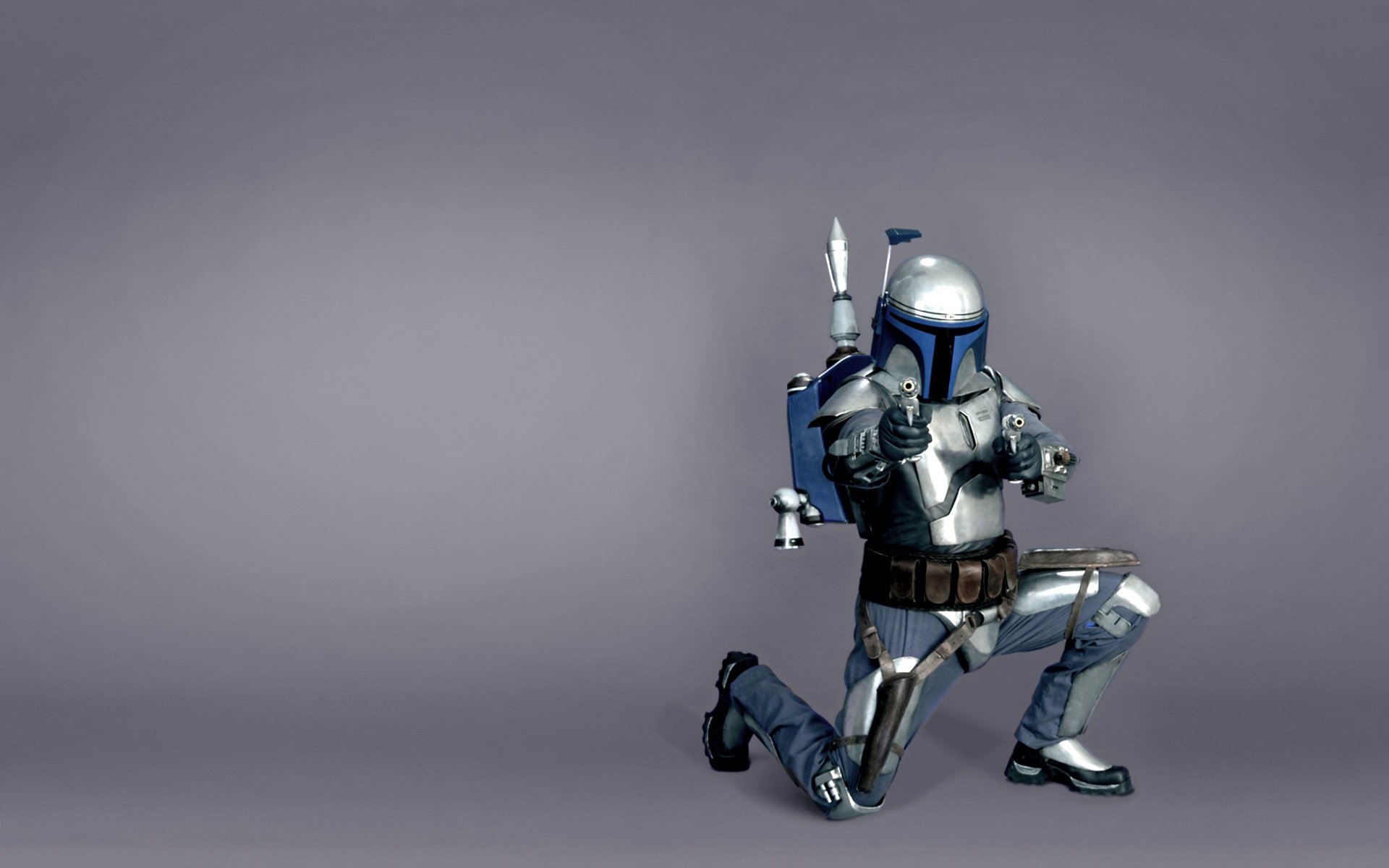 HD PC desktop wallpaper featuring a Star Wars character in silver armor kneeling and aiming a blaster against a minimalist gray background.