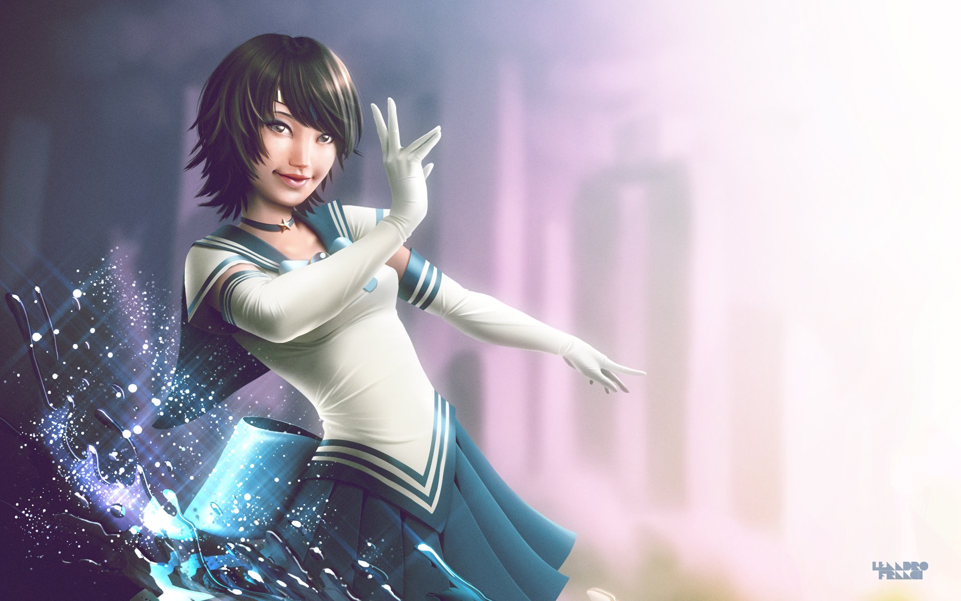 HD PC desktop wallpaper featuring an anime-style character inspired by Sailor Moon, striking a dynamic pose with a glowing, magical aura against a soft, blurred background.