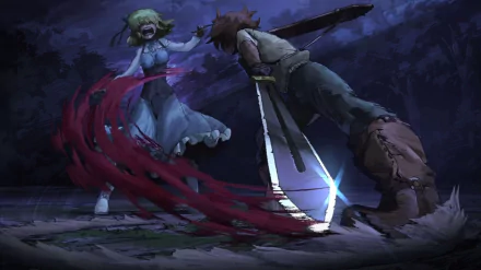 HD desktop wallpaper featuring Tatsumi from Akame Ga Kill! in an intense battle scene with vibrant colors and dark tones. The action captures the essence of the anime.