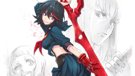 HD anime wallpaper featuring Ryūko Matoi in a school uniform wielding her signature red blade, alongside grayscale images of Mako Mankanshoku and Satsuki Kiryūin from Kill La Kill.