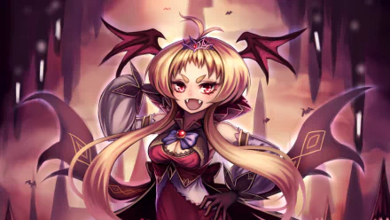 Anime-style original demon character with twintails, sharp fangs, and bat-like wings, set against a dark, atmospheric background for an HD PC desktop wallpaper.