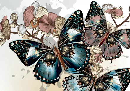 HD abstract desktop wallpaper depicting detailed butterflies with vibrant blue and black wings amidst blooming flowers.