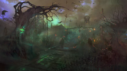 Dark fantasy HD PC wallpaper depicting a foggy cemetery with twisted trees, glowing green lights, and eerie silhouettes under a gloomy sky.