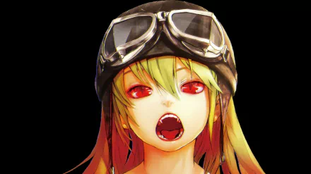 HD anime desktop wallpaper featuring Shinobu Oshino from the Monogatari series, showing her with red eyes, open mouth, and wearing aviator goggles on her head.