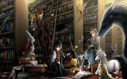 A vibrant fantasy scene in a library, featuring characters amidst bookshelves, magical creatures, and animated figures, making it an enchanting HD wallpaper.