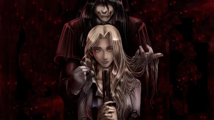 A high-definition anime wallpaper from Hellsing featuring a dark, intense scene with a male figure behind a woman holding a gun, set against a dramatic red background.