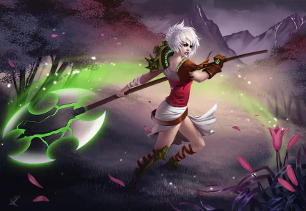 Riven, video game character from League of Legends, lunges mid‑swing with her cracked, glowing green blade across a 2K Quad HD PC desktop wallpaper of misty mountains and purple flora.