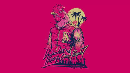 HD desktop wallpaper featuring Hotline Miami artwork with a vibrant pink background, character in a rooster mask, palm trees, and stylized text.
