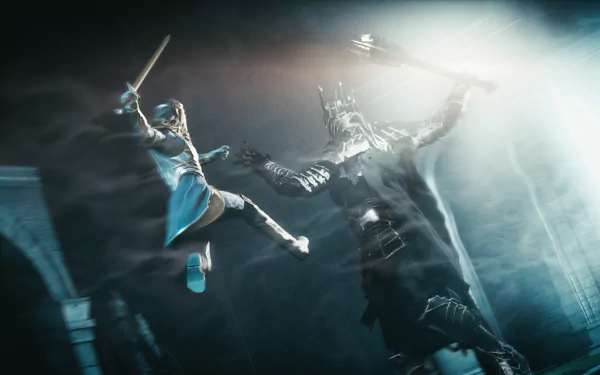 Epic battle scene from Middle-earth: Shadow of Mordor featuring Sauron clashing with a warrior, rendered in 4K Ultra HD for PC desktop background.