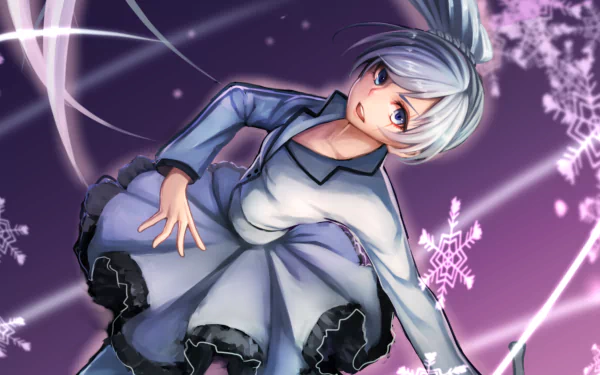 Weiss Schnee from RWBY showcases her SnowPea outfit, featuring long white hair in a ponytail, a scar, and an elegant dress against a backdrop of snowflakes and a vibrant purple hue.