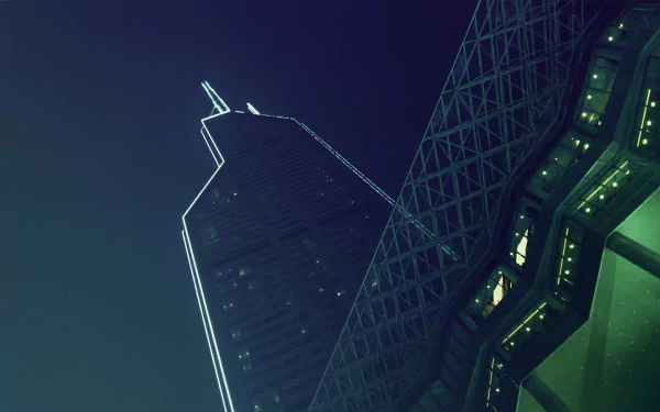 HD PC desktop wallpaper and background: urban architecture featuring a neon-edged, man-made skyscraper beside a steel lattice structure at night.
