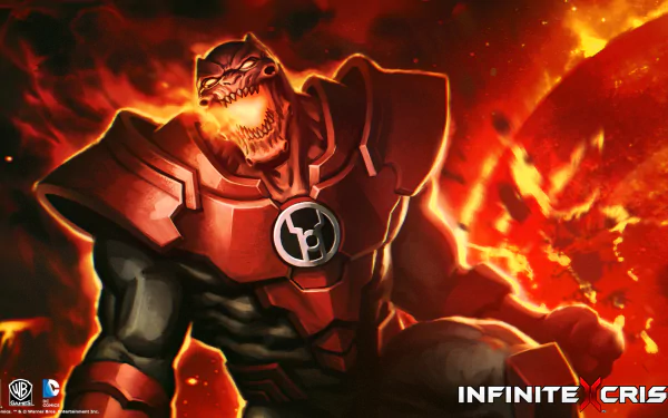 HD PC desktop wallpaper from the video game Infinite Crisis: a skeletal-faced, armored villain in red-black suit amid roaring flames, with the Infinite Crisis logo in the corner.
