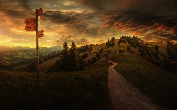 Dramatic sunset over a winding path on a hill in the Swiss countryside, surrounded by trees under a vibrant cloudy sky, captured in 4K Ultra HD landscape photography.