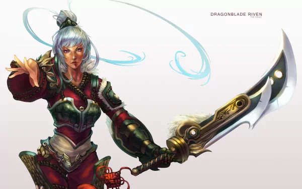 HD PC desktop wallpaper featuring Dragonblade Riven, a character from the video game League of Legends, wielding her large, ornate sword with dynamic energy swirls.