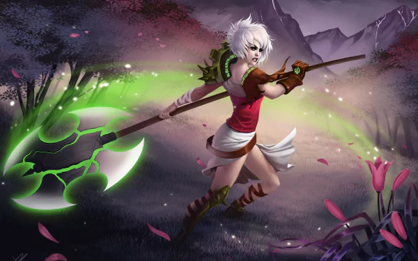 Riven, video game character from League of Legends, lunges mid‑swing with her cracked, glowing green blade across a 2K Quad HD PC desktop wallpaper of misty mountains and purple flora.