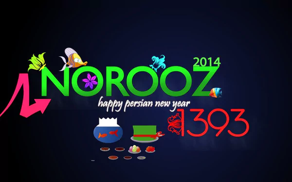 HD PC desktop wallpaper celebrating Nowruz 2014 with colorful text, traditional Persian New Year symbols, and holiday-themed graphics on a dark background.