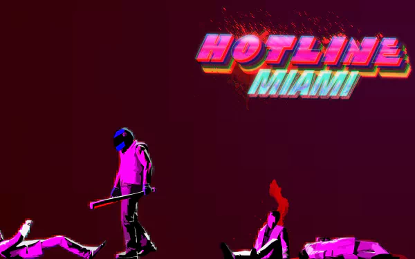 HD desktop wallpaper featuring Hotline Miami with a stylized figure and neon title text against a dark background.