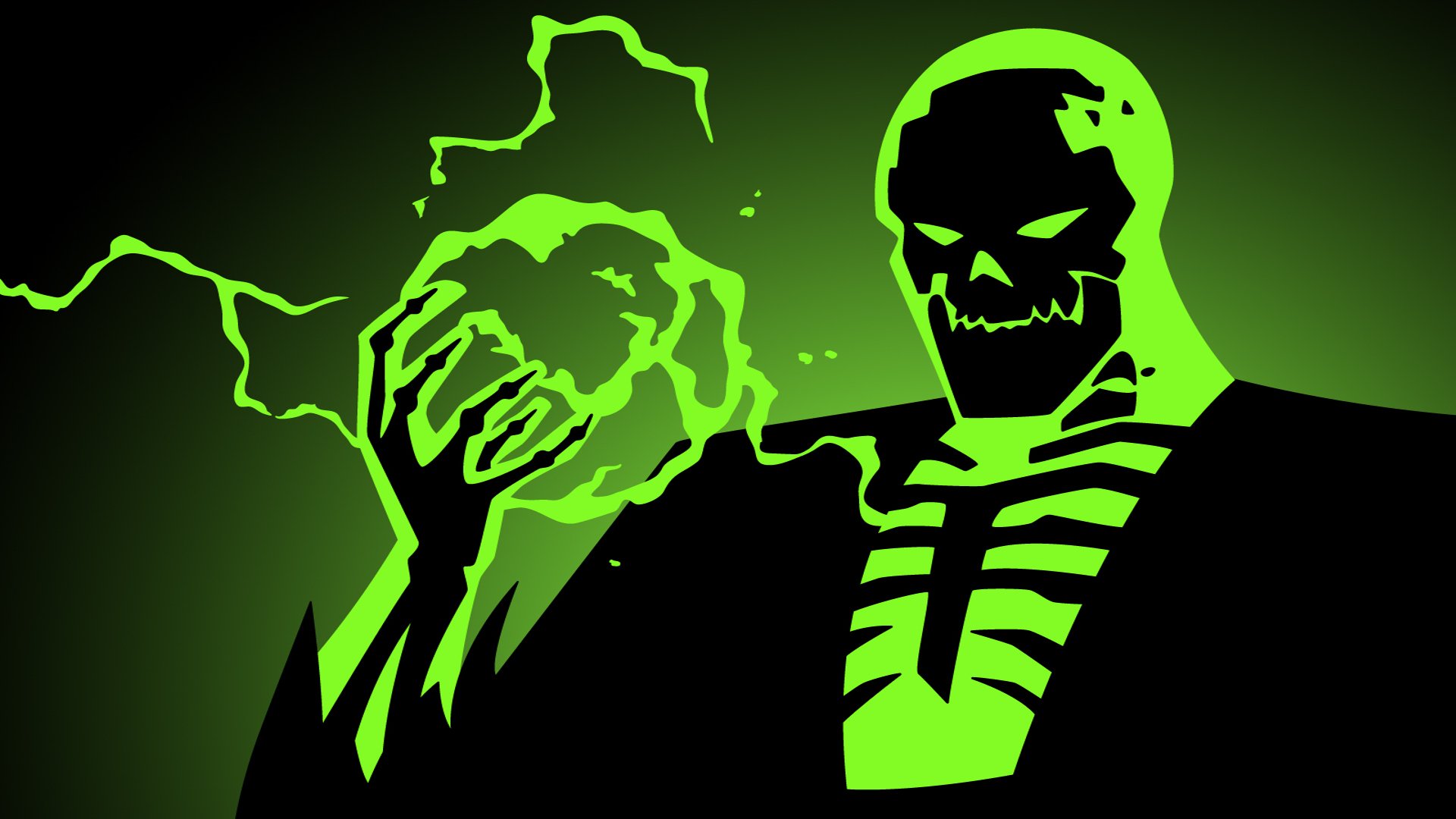 HD PC desktop wallpaper from TV show Batman Beyond: glowing green skeletal villain in a black suit holding a crackling energy orb against a dark background