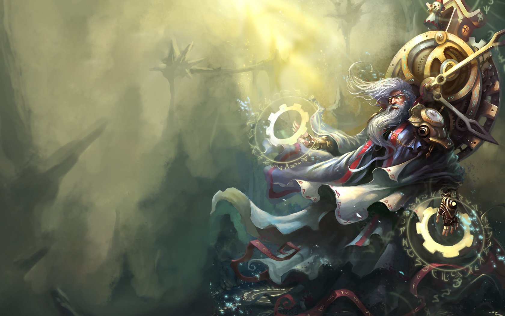 HD desktop wallpaper featuring Zilean from League of Legends, depicted with glowing time-related artifacts in a mystical, foggy environment.