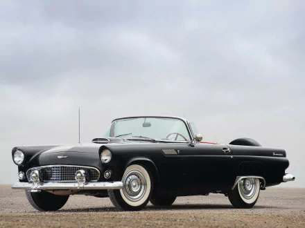 Black classic Ford Thunderbird convertible on open pavement under an overcast sky — HD PC desktop wallpaper background featuring the vehicle.
