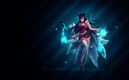 HD desktop wallpaper featuring Ahri, a popular character from the video game League of Legends, surrounded by glowing blue energy and her signature nine tails.