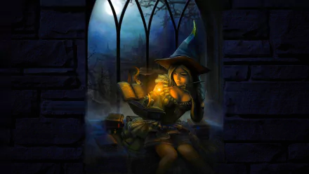 A fantasy-themed HD desktop wallpaper featuring a witch reading a spell book by a moonlit window, surrounded by mystical elements and atmospheric shadows.