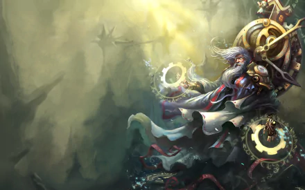 HD desktop wallpaper featuring Zilean from League of Legends, depicted with glowing time-related artifacts in a mystical, foggy environment.