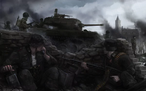 4K Ultra HD Heroes & Generals PC wallpaper depicting soldiers in combat with a tank and a smoky battlefield in the background.