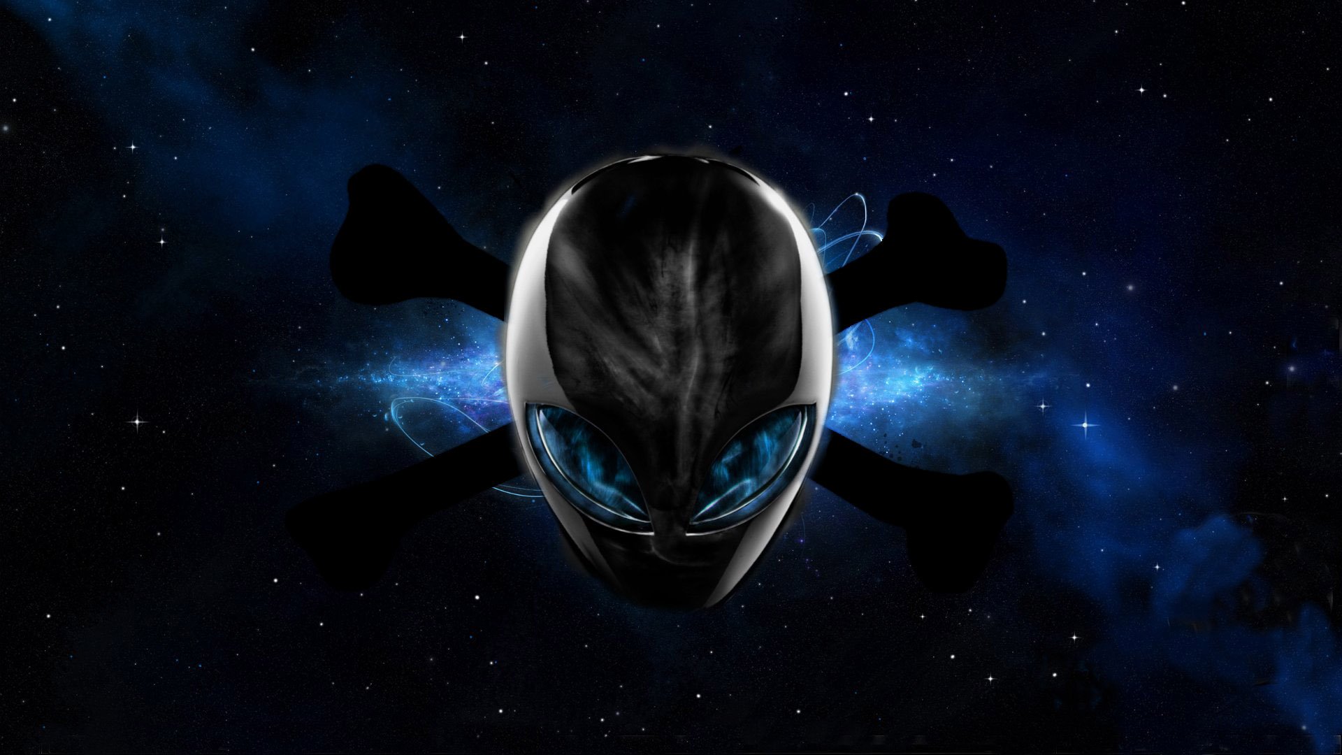 Alienware-themed HD PC desktop wallpaper featuring a futuristic alien head with glowing blue eyes set against a cosmic space background.