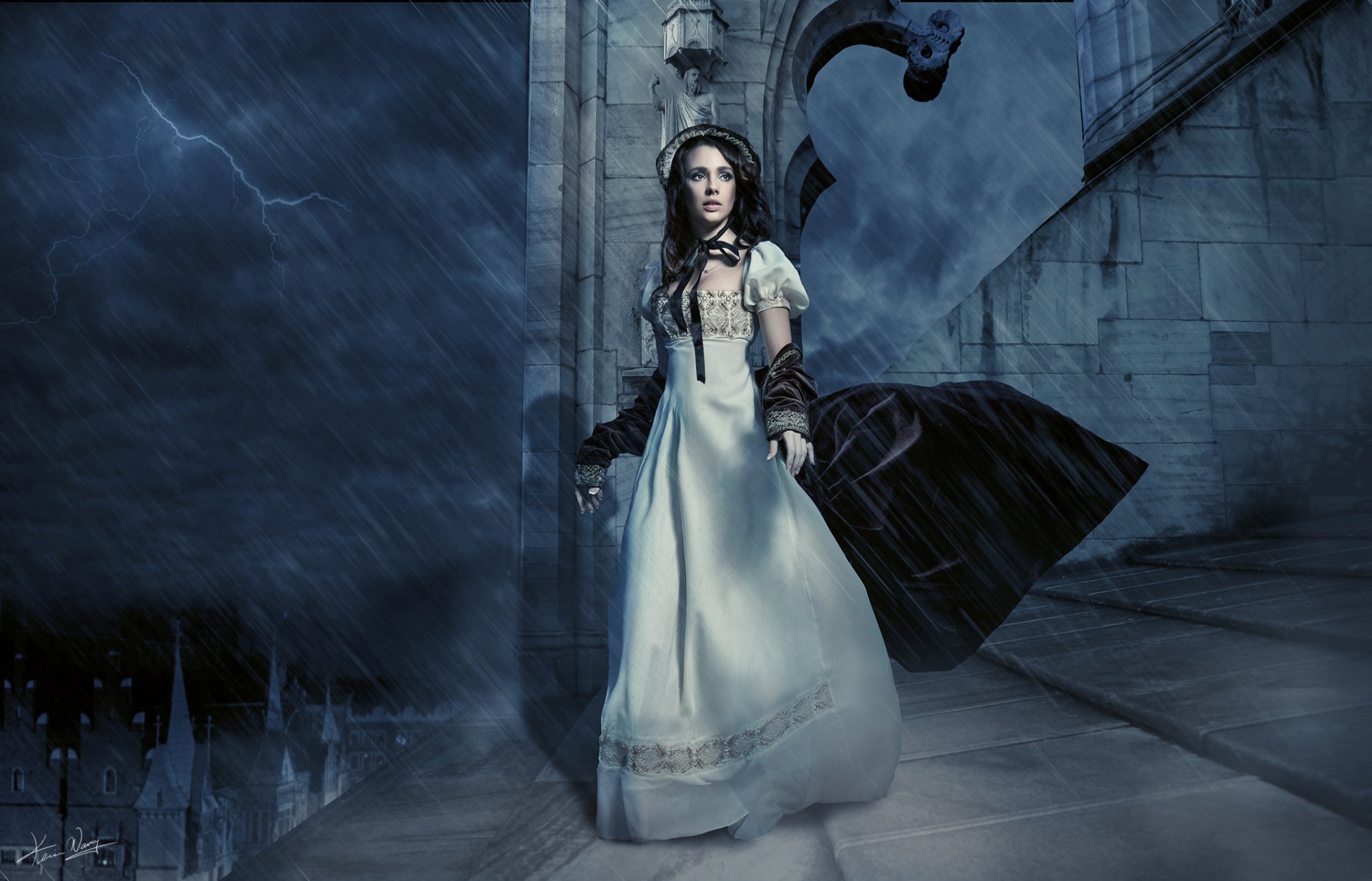 A woman in a dress and hat stands outside a castle during a thunderstorm, with lightning illuminating the dark, rainy scene. This HD desktop wallpaper exudes a moody, fantasy atmosphere.
