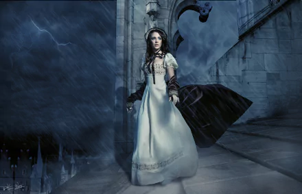 A woman in a dress and hat stands outside a castle during a thunderstorm, with lightning illuminating the dark, rainy scene. This HD desktop wallpaper exudes a moody, fantasy atmosphere.