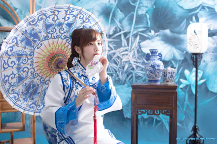 vase interior room umbrella national dress traditional costume Taiwanese asian woman Yu Chen Zheng HD Desktop Wallpaper | Background Image