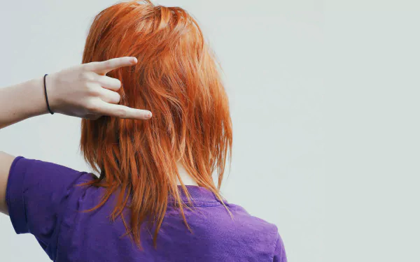 HD music desktop wallpaper of a red-haired musician in a purple shirt, shown from behind making a rock hand gesture against a pale background.