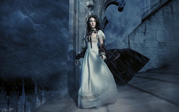 Fantasy Women Thunderstorm Model Dress Hat Castle Rain Lightning HD Wallpaper | Background Image