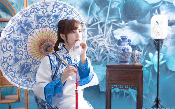 A Taiwanese woman in traditional costume holds an ornate umbrella, seated indoors beside blue-and-white vases, against a floral mural background in 4K Ultra HD.