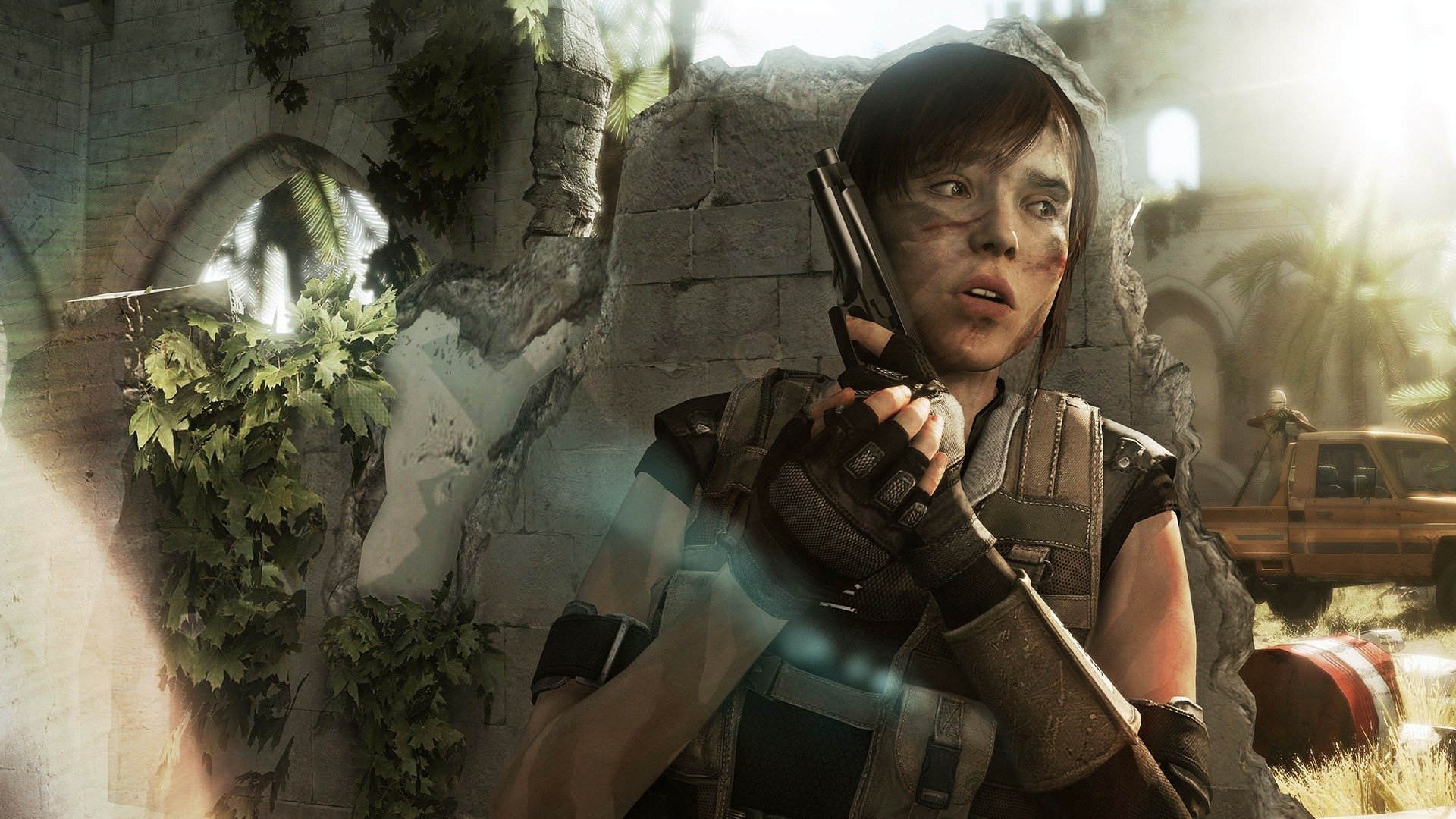 HD PC desktop wallpaper/background for the video game Beyond - Two Souls: armed female protagonist in a sunlit ruined interior, tense and watched by a ghostly blue presence.