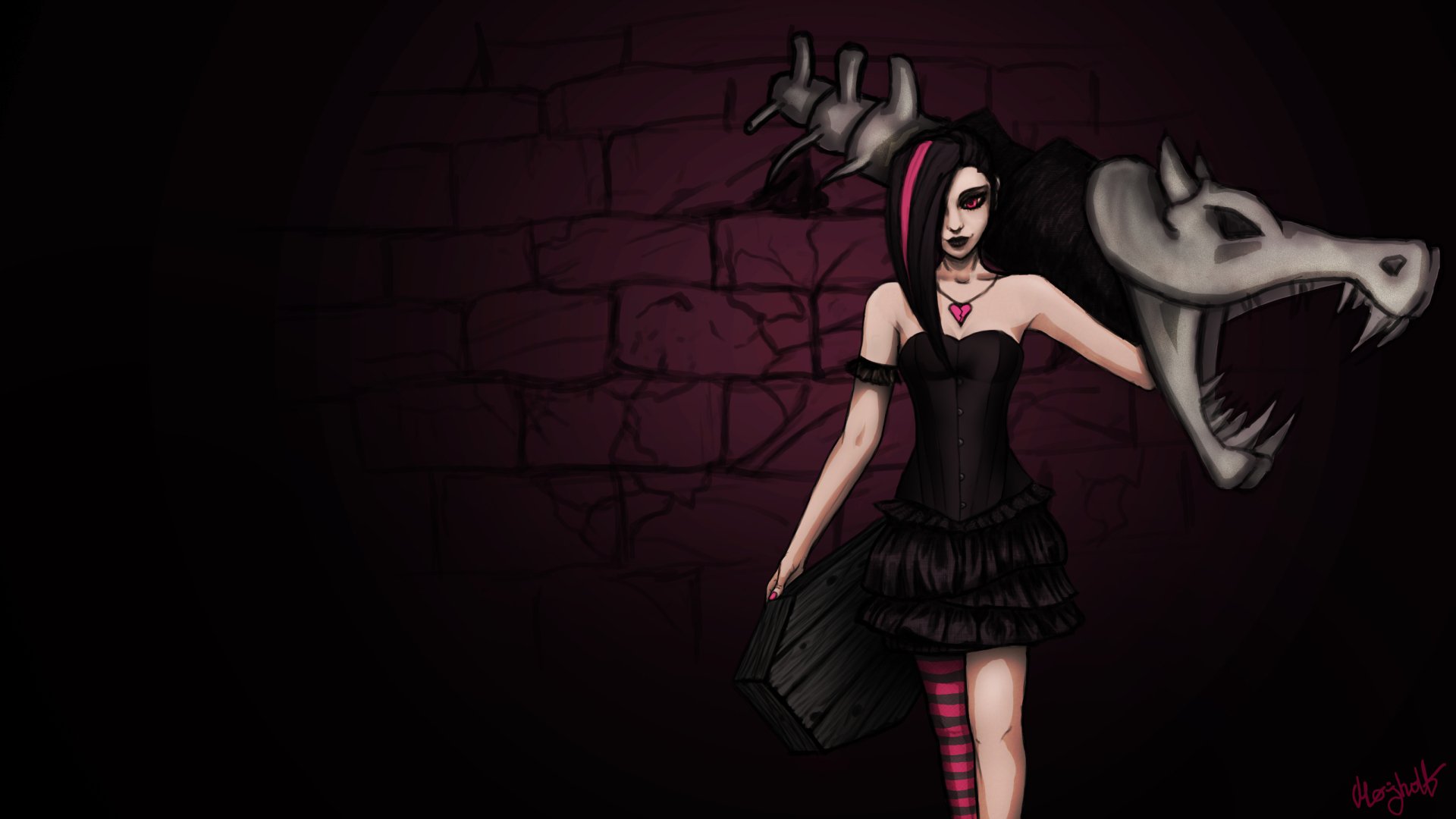 A striking HD wallpaper featuring Jinx from League of Legends, showcasing her in a dark, edgy outfit against a mysterious stone wall with a menacing creature.
