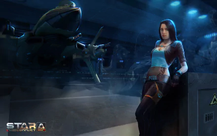 HD PC desktop wallpaper from the MMORPG space video game Star Conflict, featuring a female character standing in a futuristic hangar with a spaceship in the background.