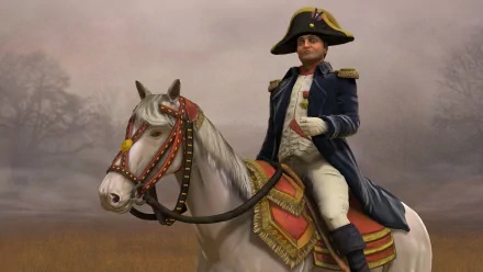 HD PC desktop wallpaper featuring a leader on horseback from the video game Civilization V, showcasing detailed historical attire and a misty background.