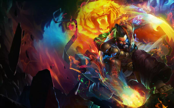 Udyr from League of Legends is depicted in this vibrant HD wallpaper, showcasing his powerful transformation against a colorful, dynamic background.