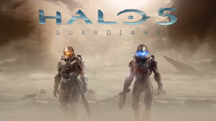 Action-packed HD wallpaper featuring characters from the video game Halo 5: Guardians, showcasing a dramatic atmosphere with armored warriors in a futuristic setting.