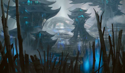 HD PC desktop wallpaper featuring a misty, eerie Magic: The Gathering-inspired man-made structure surrounded by dark, glowing blue flora in a shadowy forest setting.