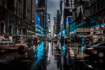 A rainy night in New York City, showcasing vibrant lights reflecting on wet streets, with pedestrians and vehicles adding life to the man-made urban landscape. 4K Ultra HD quality.