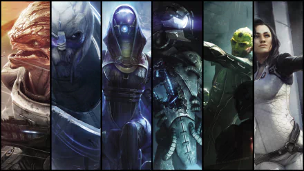 HD PC desktop wallpaper featuring Mass Effect 2 characters Garrus Vakarian, Thane Krios, Legion, Miranda Lawson, and Grunt in dynamic, detailed artwork.