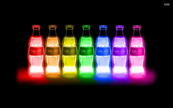 A vibrant display of Nuka Cola Quantum bottles in various neon colors against a dark background, inspired by the video game Fallout: New Vegas. High-definition wallpaper for PC.