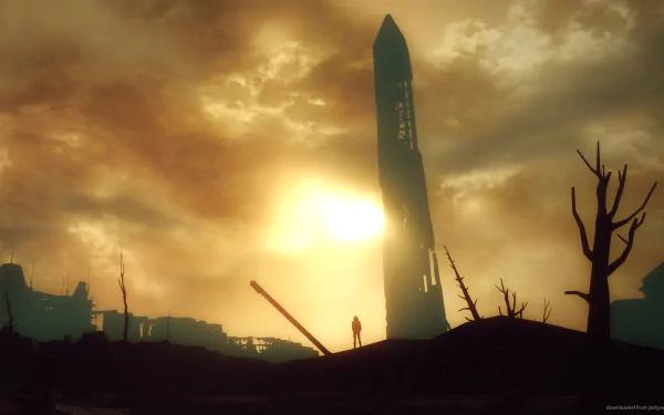 HD Fallout 3 desktop wallpaper showing a silhouetted figure standing before a tall, damaged tower under a dramatic, cloudy sunset sky in a post-apocalyptic landscape.