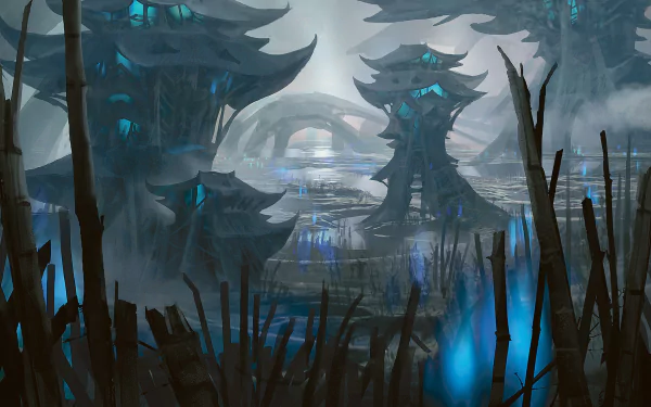 HD PC desktop wallpaper featuring a misty, eerie Magic: The Gathering-inspired man-made structure surrounded by dark, glowing blue flora in a shadowy forest setting.